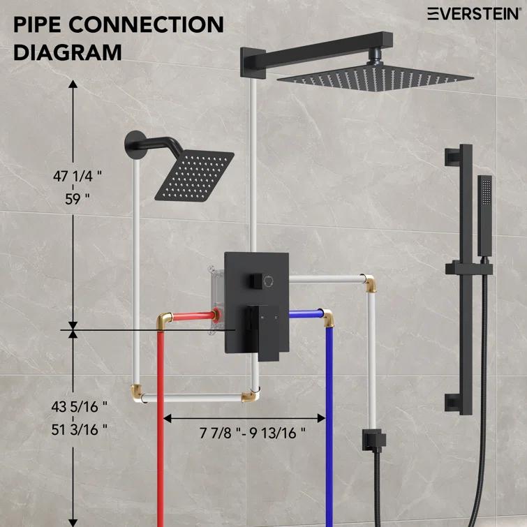 EVERSTEIN DualJetSpa 10-Inch High-Pressure Rainfall Shower Faucet with Handheld Spray, Wall Mount Dual Showerheads System with Slide Bar and Rough-in Valve SFS-1059-BK10