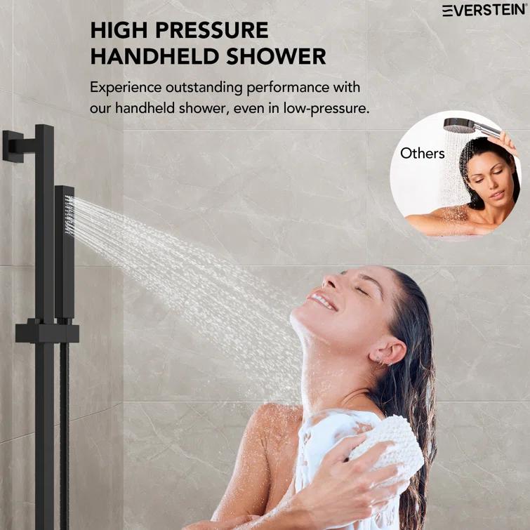 EVERSTEIN DualJetSpa 10-Inch High-Pressure Rainfall Shower Faucet with Handheld Spray, Wall Mount Dual Showerheads System with Slide Bar and Rough-in Valve SFS-1059-BK10