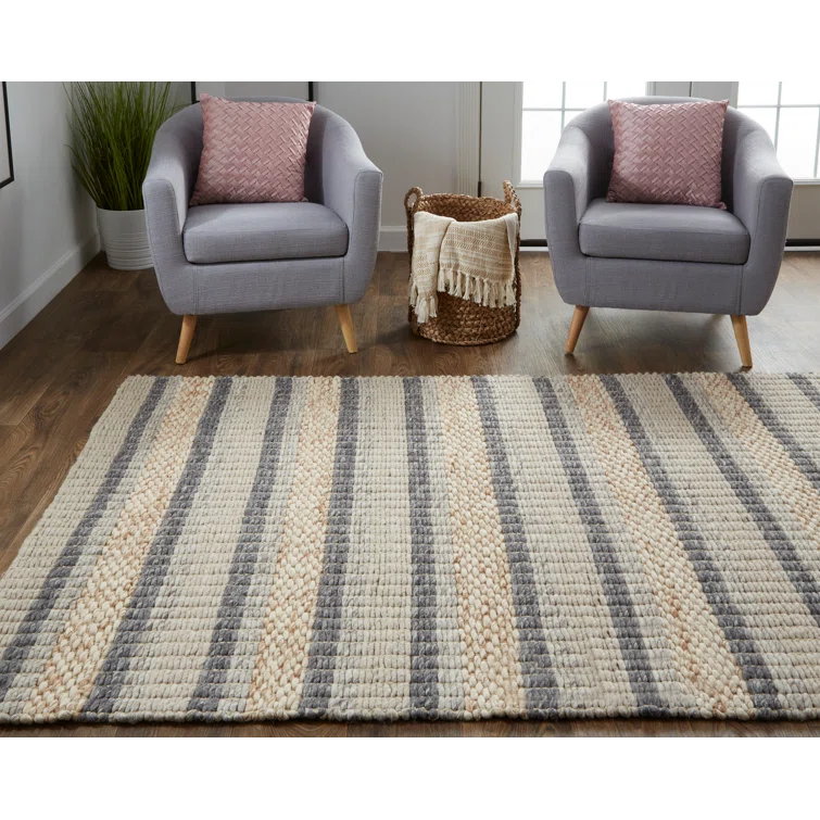 Orion Striped Handwoven Wool Area Rug in Natural/Beige/Ivory