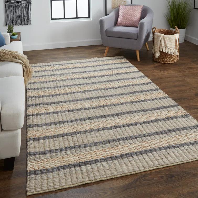 Orion Striped Handwoven Wool Area Rug in Natural/Beige/Ivory