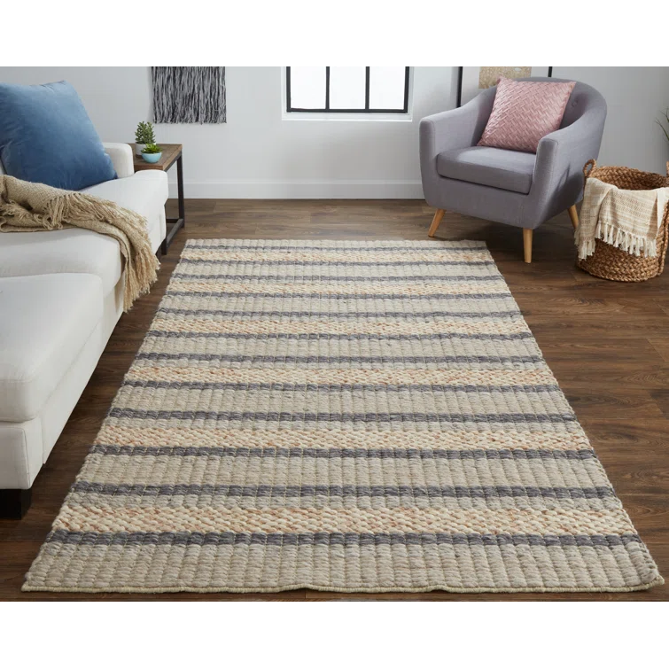 Orion Striped Handwoven Wool Area Rug in Natural/Beige/Ivory
