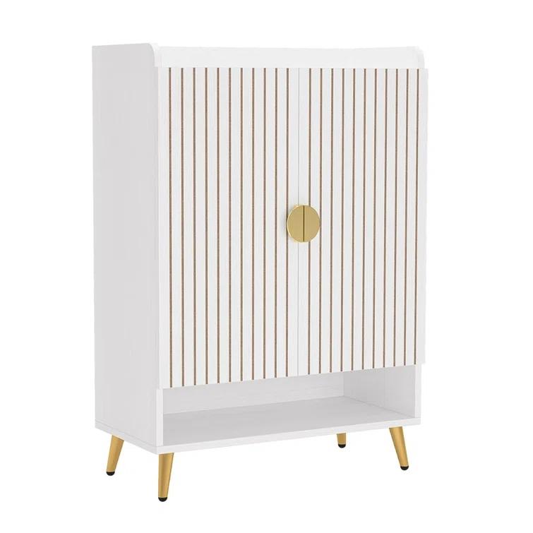 Shoe Cabinet, 2 Doors, 6 Tier Shelves, Gold Metal, White 43 Inch