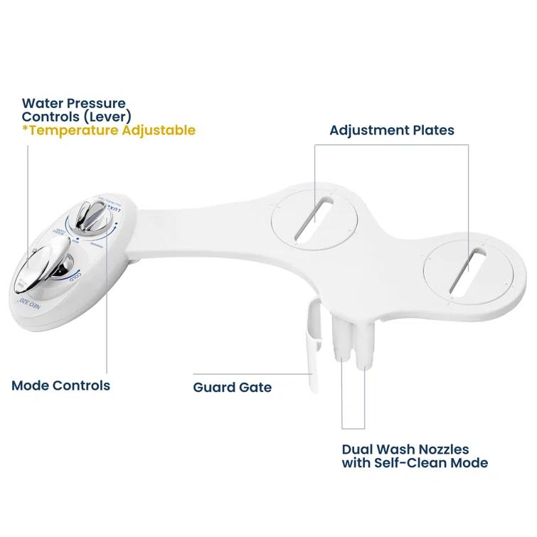 Hot And Cold Water, Self-Cleaning, Dual Nozzle, Non-Electric Bidet Attachment For Toilet Seat, Adjustable Water Pressure, Rear And Feminine Wash, Lever Control