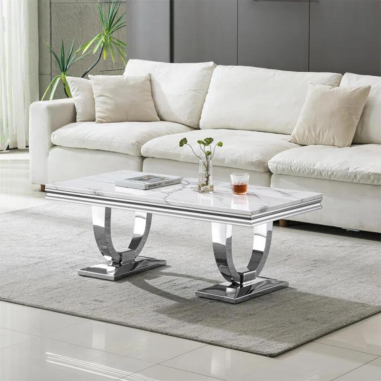 Rectangle Marble Coffee Table With Stainless Steel Base