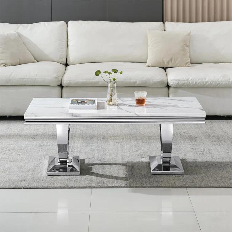 Rectangle Marble Coffee Table With Stainless Steel Base