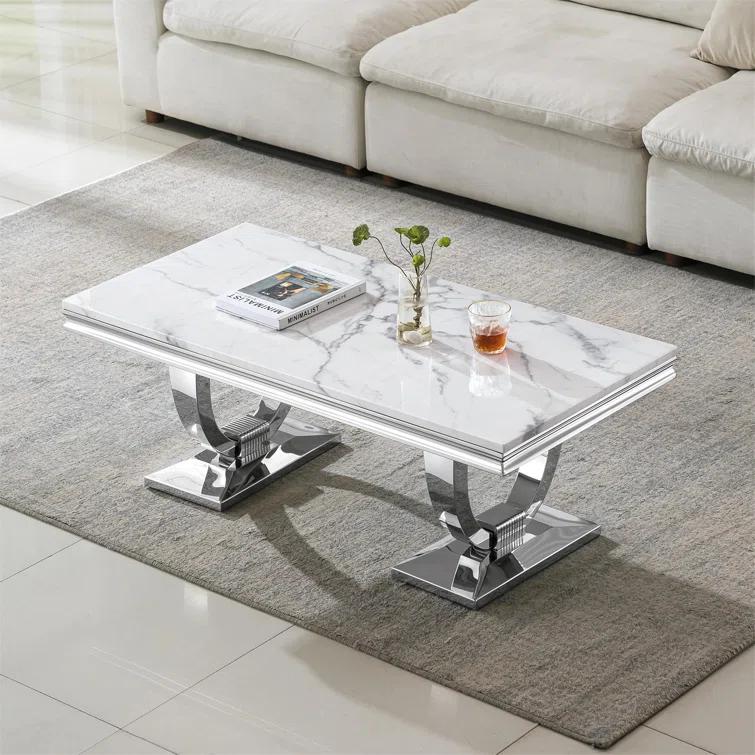 Rectangle Marble Coffee Table With Stainless Steel Base
