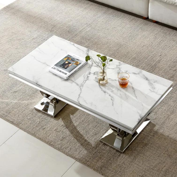 Rectangle Marble Coffee Table With Stainless Steel Base