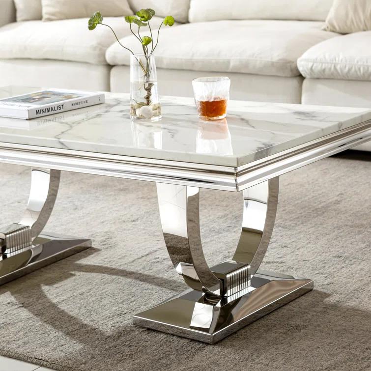 Rectangle Marble Coffee Table With Stainless Steel Base