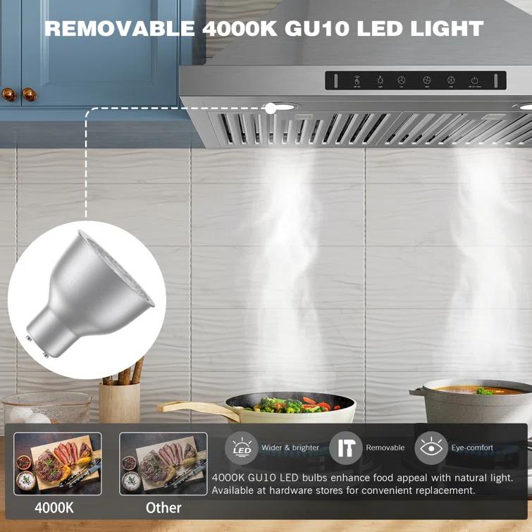 36" 900 CFM Convertible Wall Mount Range Hood with LED Lights & Hands-Free Control