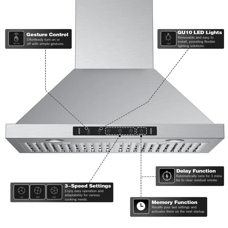 36" 900 CFM Convertible Wall Mount Range Hood with LED Lights & Hands-Free Control