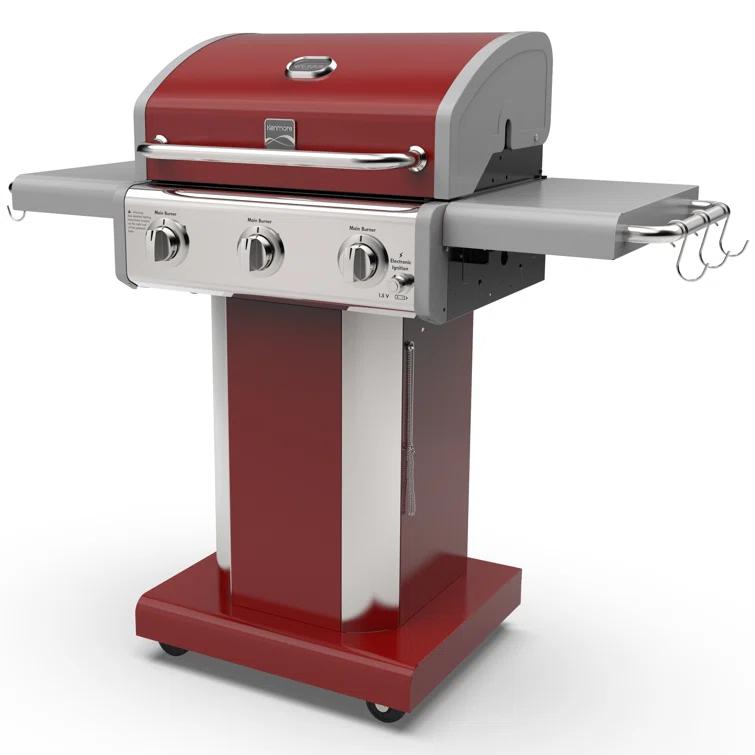 Kenmore 3-Burner Propane Gas Grill with Foldable Side Tables for Outdoor BBQ