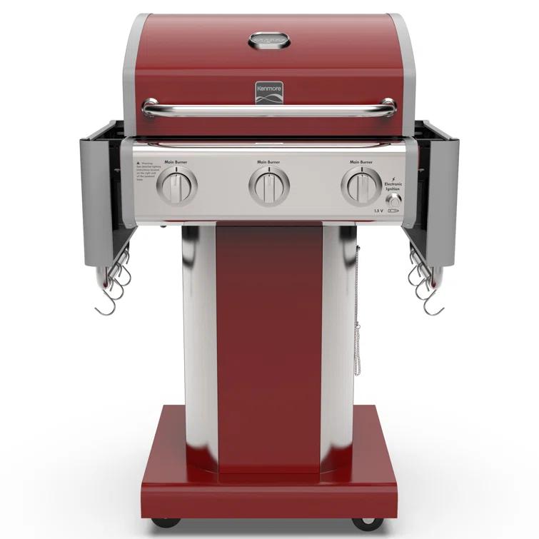 Kenmore 3-Burner Propane Gas Grill with Foldable Side Tables for Outdoor BBQ