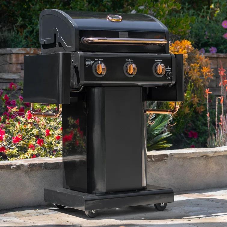 Kenmore 3-Burner Propane Gas Grill with Foldable Side Tables for Outdoor BBQ