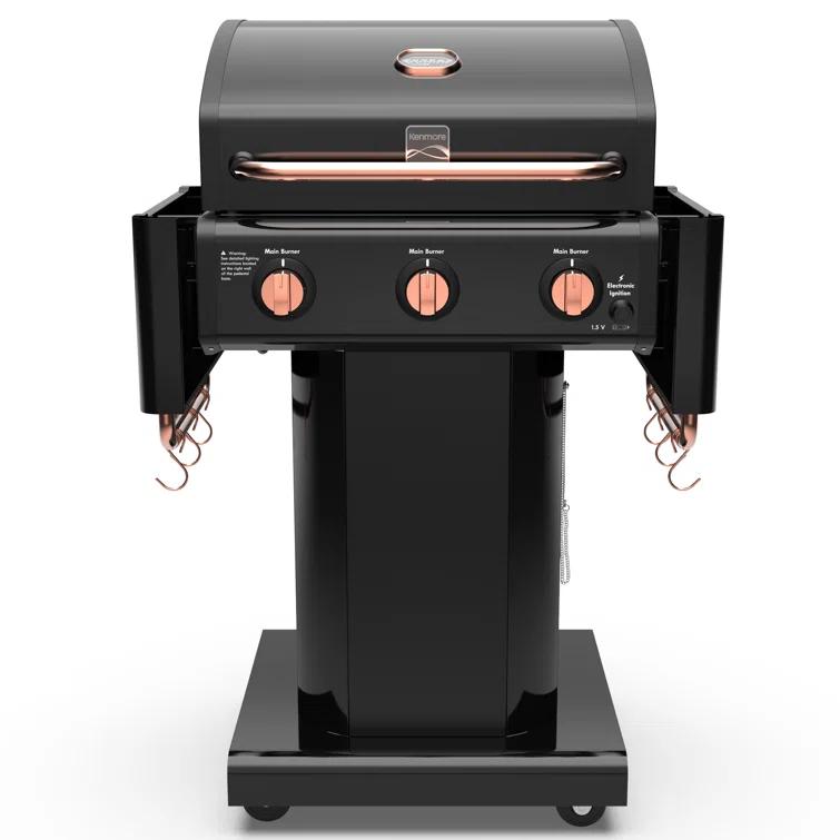 Kenmore 3-Burner Propane Gas Grill with Foldable Side Tables for Outdoor BBQ
