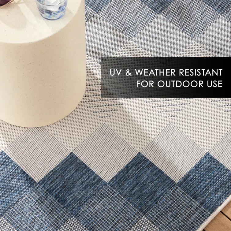 NICOLE MILLER NEW YORK Patio Country Ombre Chevron Outdoor Area Rug, Navy Blue/Cream