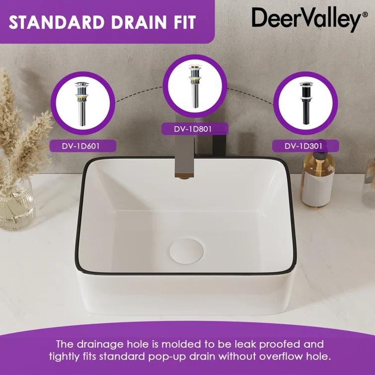 DeerValley DV-1V0317 Deervalley Liberty 16'' X 12'' Rectangular Vitreous China Vessel Bathroom Sink, White With Black Striped Edge