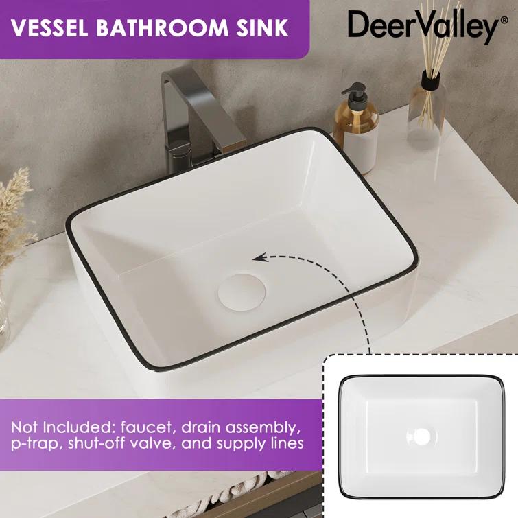DeerValley DV-1V0317 Deervalley Liberty 16'' X 12'' Rectangular Vitreous China Vessel Bathroom Sink, White With Black Striped Edge
