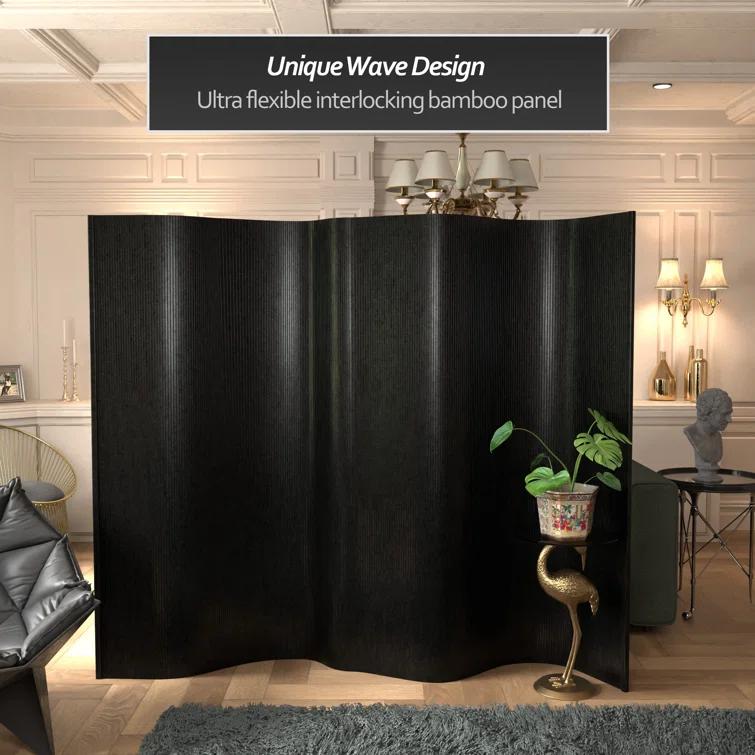 Red Lantern 6 ft. Tall Bamboo Wave Screen - Black
