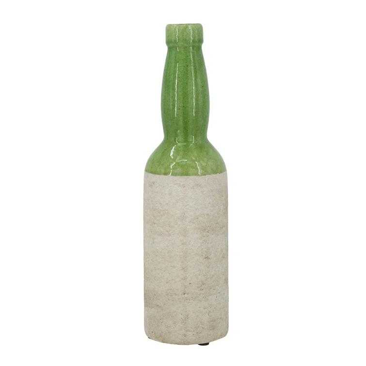Dakota Fields Ceramic Bottle Vase with Deep Green and Earthy Tan Finish