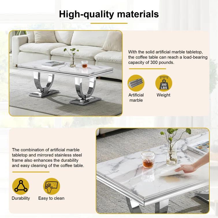 Rectangle Marble Coffee Table With Stainless Steel Base