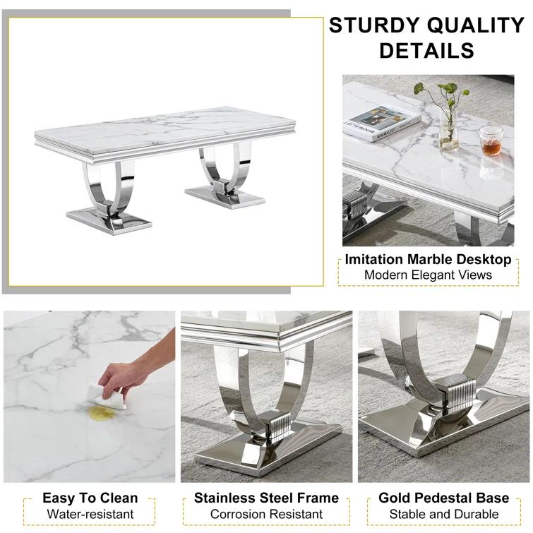 Rectangle Marble Coffee Table With Stainless Steel Base