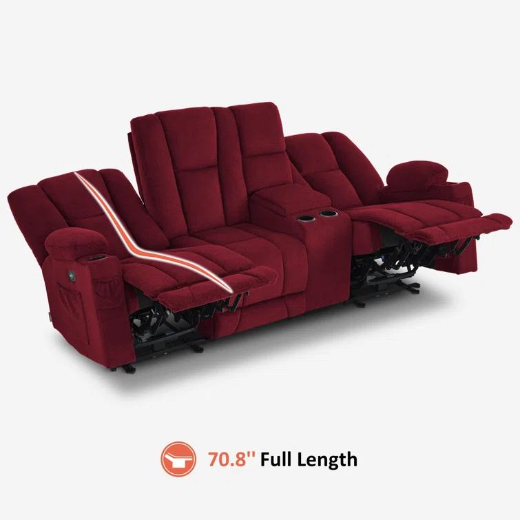Power Reclining Sofa with Heat and Massage, USB Ports, Cup Holders, 3-Seat Dual Recliner Sofa
