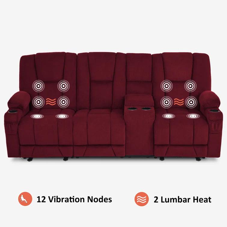 Power Reclining Sofa with Heat and Massage, USB Ports, Cup Holders, 3-Seat Dual Recliner Sofa