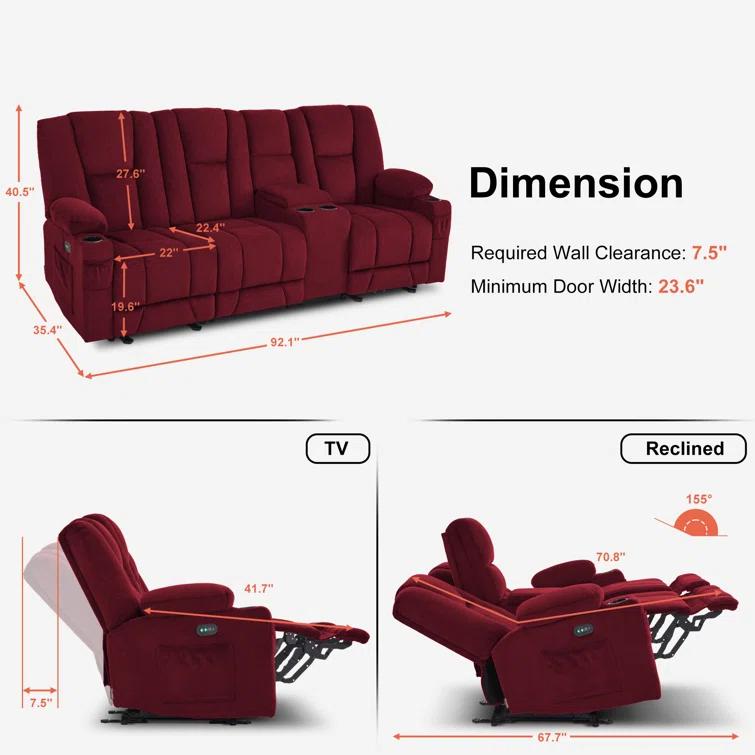 Power Reclining Sofa with Heat and Massage, USB Ports, Cup Holders, 3-Seat Dual Recliner Sofa