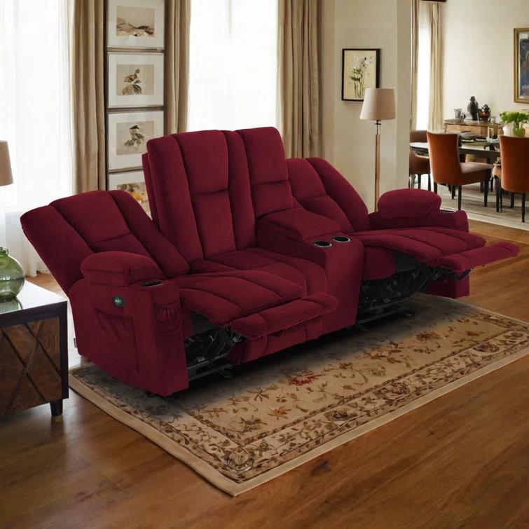 Power Reclining Sofa with Heat and Massage, USB Ports, Cup Holders, 3-Seat Dual Recliner Sofa