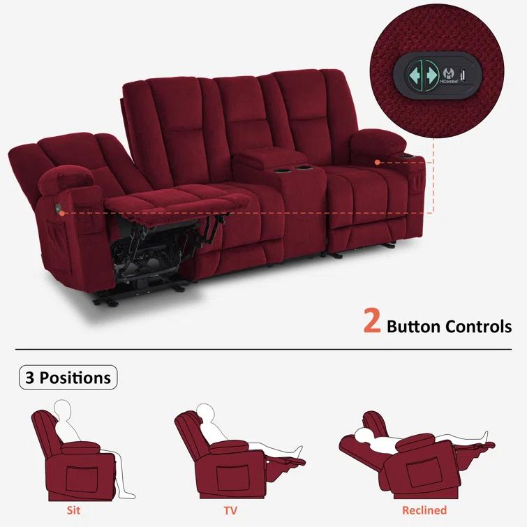 Power Reclining Sofa with Heat and Massage, USB Ports, Cup Holders, 3-Seat Dual Recliner Sofa