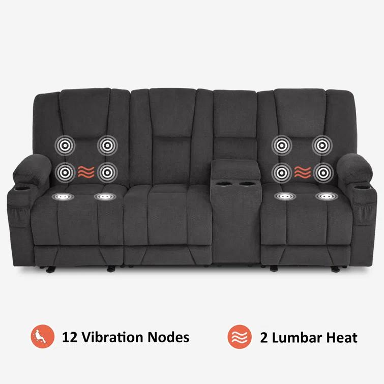 Power Reclining Sofa with Heat and Massage, USB Ports, Cup Holders, 3-Seat Dual Recliner Sofa