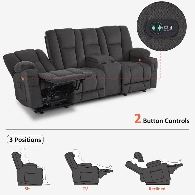 Power Reclining Sofa with Heat and Massage, USB Ports, Cup Holders, 3-Seat Dual Recliner Sofa