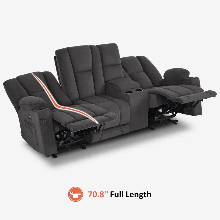 Power Reclining Sofa with Heat and Massage, USB Ports, Cup Holders, 3-Seat Dual Recliner Sofa