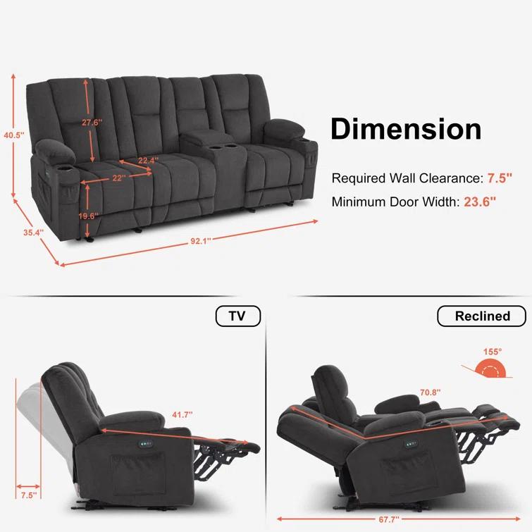 Power Reclining Sofa with Heat and Massage, USB Ports, Cup Holders, 3-Seat Dual Recliner Sofa