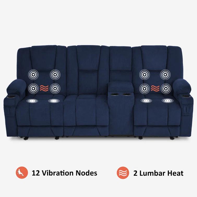 Power Reclining Sofa with Heat and Massage, USB Ports, Cup Holders, 3-Seat Dual Recliner Sofa