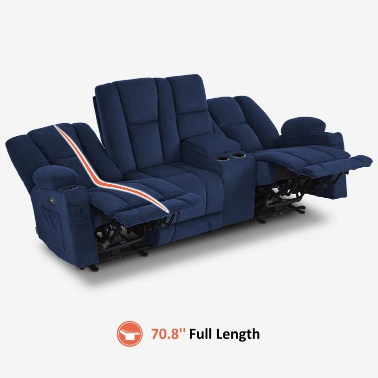 Power Reclining Sofa with Heat and Massage, USB Ports, Cup Holders, 3-Seat Dual Recliner Sofa