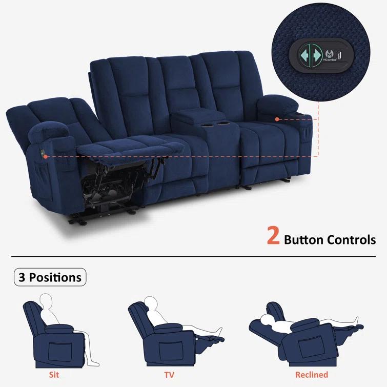 Power Reclining Sofa with Heat and Massage, USB Ports, Cup Holders, 3-Seat Dual Recliner Sofa