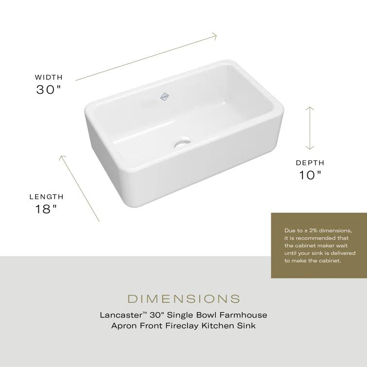 Lancaster 30" Single Bowl Farmhouse Apron Front Fireclay Kitchen Sink