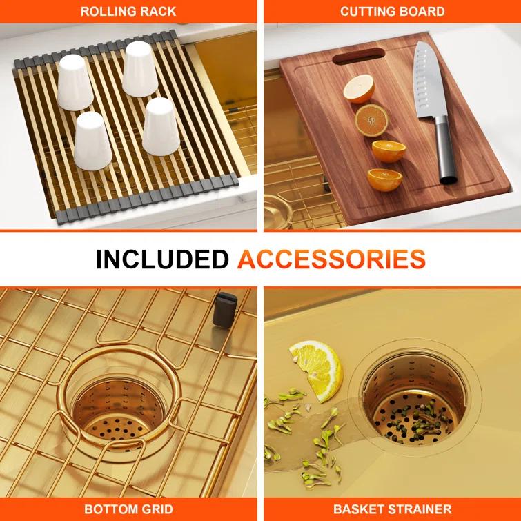 Blenzia 32 Inch Gold Double Bowl Kitchen Sink Undermount 50/50 Stainless Steel 16 Gauge Sinks 32" X 18" X 10"