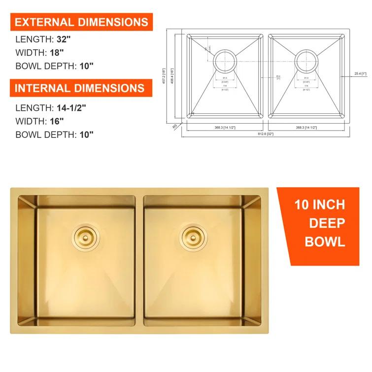 Blenzia 32 Inch Gold Double Bowl Kitchen Sink Undermount 50/50 Stainless Steel 16 Gauge Sinks 32" X 18" X 10"