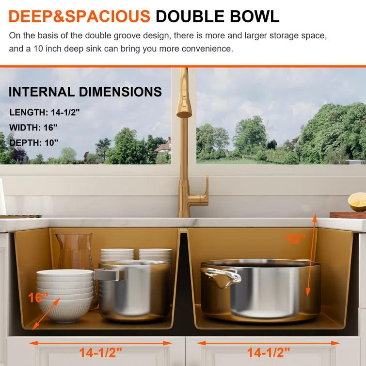 Blenzia 32 Inch Gold Double Bowl Kitchen Sink Undermount 50/50 Stainless Steel 16 Gauge Sinks 32" X 18" X 10"