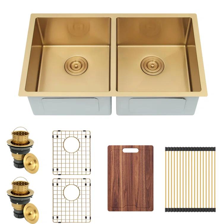 Blenzia 32 Inch Gold Double Bowl Kitchen Sink Undermount 50/50 Stainless Steel 16 Gauge Sinks 32" X 18" X 10"