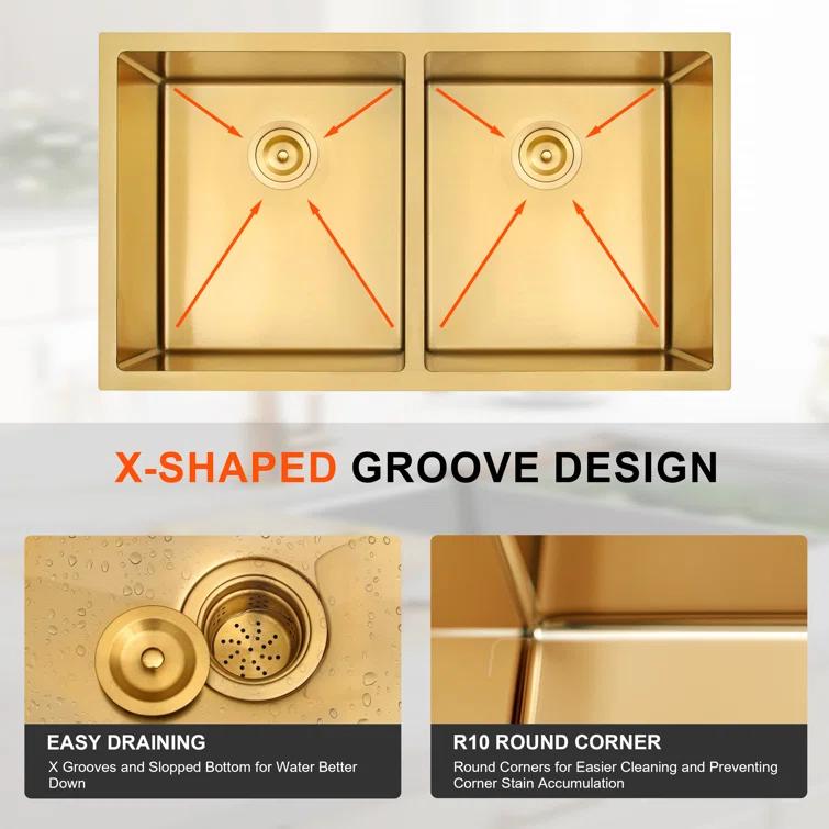 Blenzia 32 Inch Gold Double Bowl Kitchen Sink Undermount 50/50 Stainless Steel 16 Gauge Sinks 32" X 18" X 10"