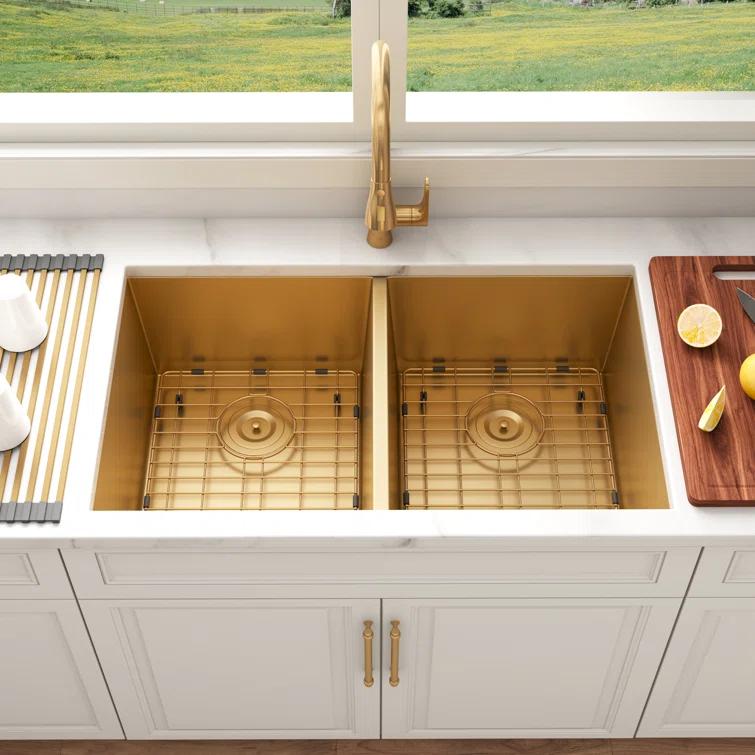 Blenzia 32 Inch Gold Double Bowl Kitchen Sink Undermount 50/50 Stainless Steel 16 Gauge Sinks 32" X 18" X 10"
