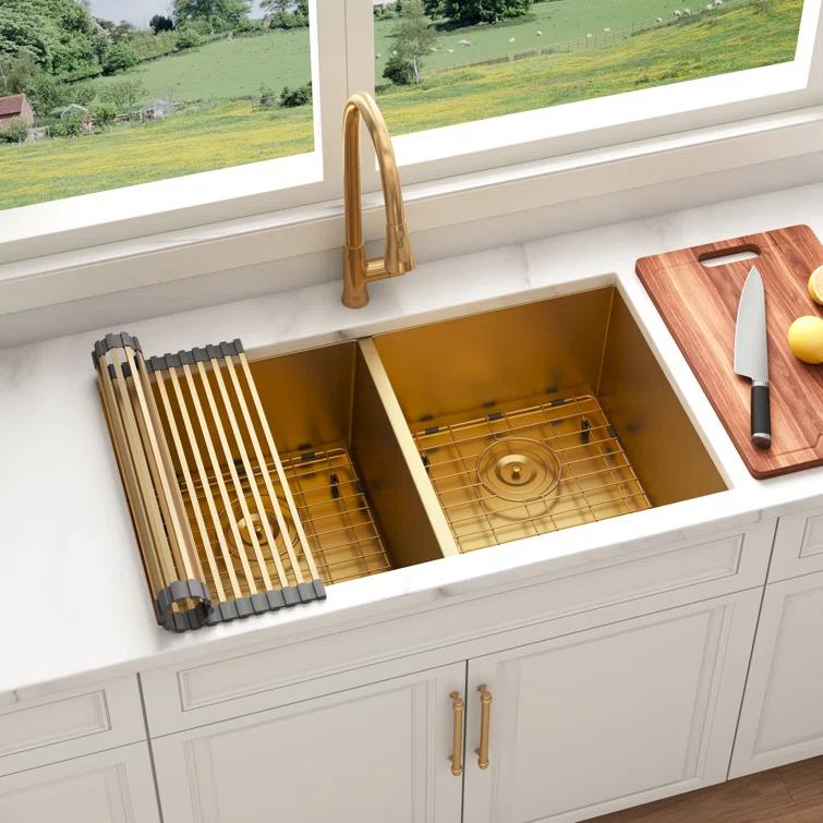 Blenzia 32 Inch Gold Double Bowl Kitchen Sink Undermount 50/50 Stainless Steel 16 Gauge Sinks 32" X 18" X 10"