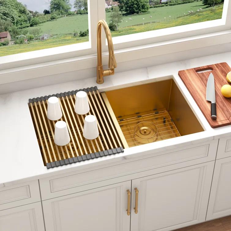 Blenzia 32 Inch Gold Double Bowl Kitchen Sink Undermount 50/50 Stainless Steel 16 Gauge Sinks 32" X 18" X 10"