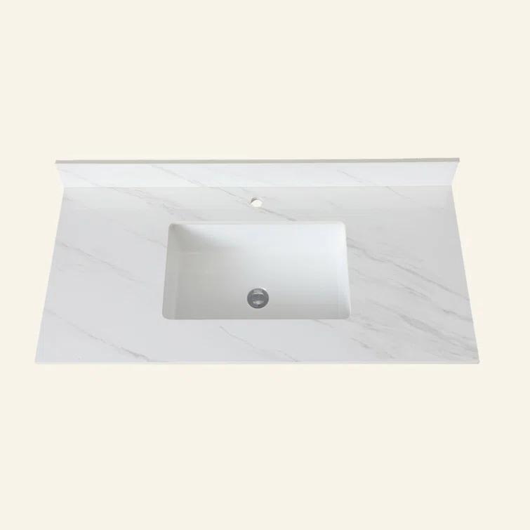 Tech Cube 43 Inch Marble Vanity Top, White Vanity Top With Pre-Drilled Faucet Holes, Bathroom Vanity Top With Undermount Rectangular Middle Sink And 4" Height Backsplash,  Bianco Carrara Venato TCYX14547A