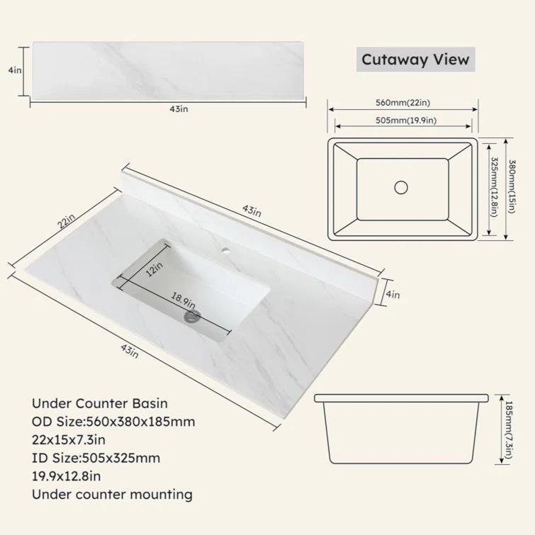Tech Cube 43 Inch Marble Vanity Top, White Vanity Top With Pre-Drilled Faucet Holes, Bathroom Vanity Top With Undermount Rectangular Middle Sink And 4" Height Backsplash,  Bianco Carrara Venato TCYX14547A