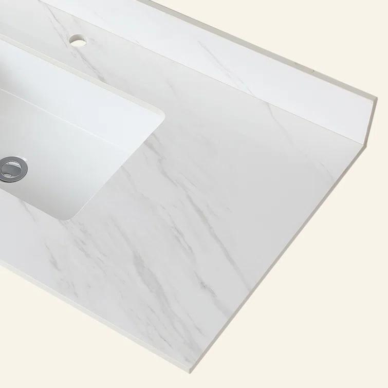 Tech Cube 43 Inch Marble Vanity Top, White Vanity Top With Pre-Drilled Faucet Holes, Bathroom Vanity Top With Undermount Rectangular Middle Sink And 4" Height Backsplash,  Bianco Carrara Venato TCYX14547A