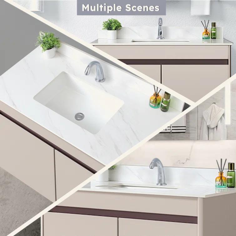 Tech Cube 43 Inch Marble Vanity Top, White Vanity Top With Pre-Drilled Faucet Holes, Bathroom Vanity Top With Undermount Rectangular Middle Sink And 4" Height Backsplash,  Bianco Carrara Venato TCYX14547A